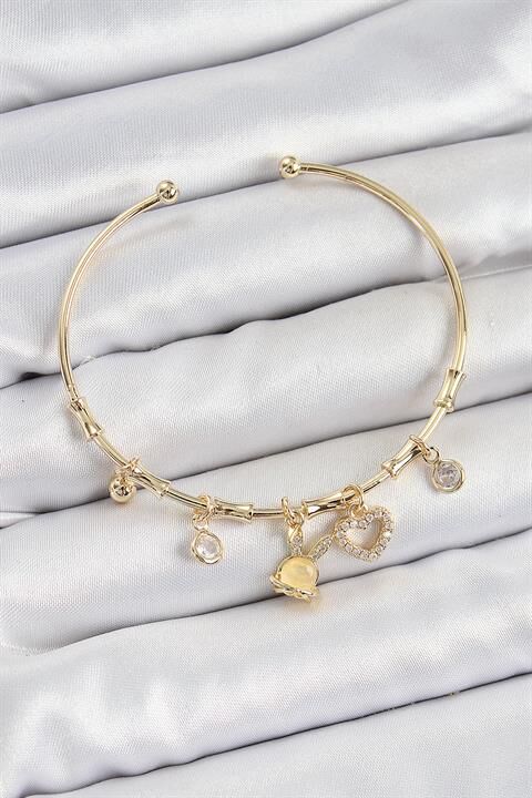 Pirinç Zirkon Taşlı Tavşan Ve Kalp Model Gold Renk Charm Bileklik