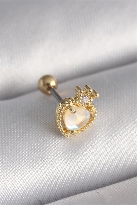316L Çelik Gold Renk Beyaz Mineli Kalp Zirkon Taş Detaylı Taç Tragus Piercing