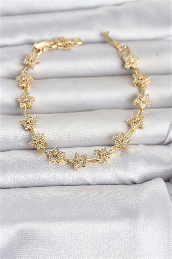 Pirinç Gold Renk Zirkon Taşlı Sıralı Yıldız Model Kadın Bileklik