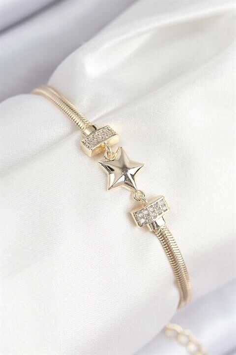 Pirinç Zirkon Taşlı Yıldız Model Gold Renk Kadın Bileklik