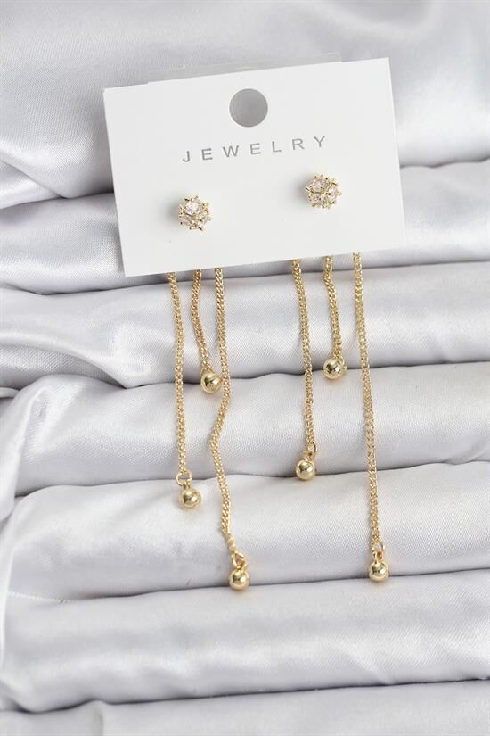 Topçuk Model Gold Renk Pirinç Sallantılı Kadın Küpe Seti