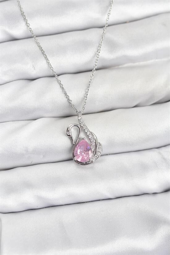 316L Çelik Zincir Gümüş Renk Pembe Kuğu Model Zirkon Taşlı Kadın Kolye