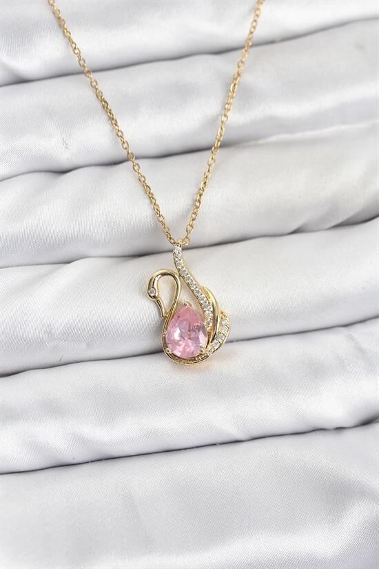 316L Çelik Zincir Gold Renk Pembe Kuğu Model Zirkon Taşlı Kadın Kolye