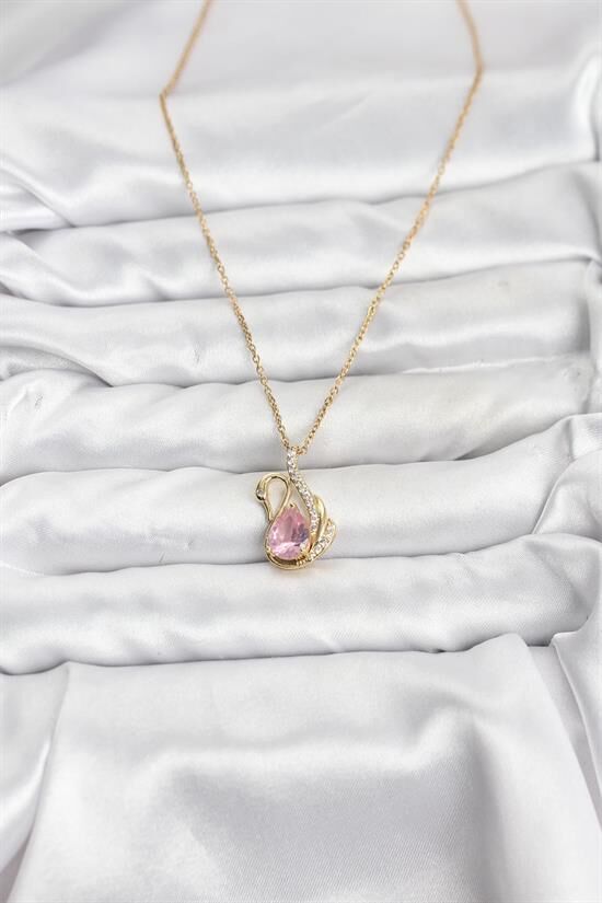 316L Çelik Zincir Gold Renk Pembe Kuğu Model Zirkon Taşlı Kadın Kolye