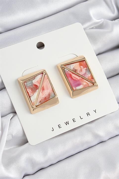Pirinç Pembe Üçgen Kesim Detaylı Kare Model Vintage Gold Renk Kadın Küpe