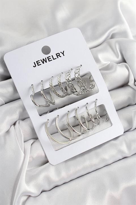 Pirinç Karışık Halka Model Gümüş Renk 6 Çift Kadın Küpe Set