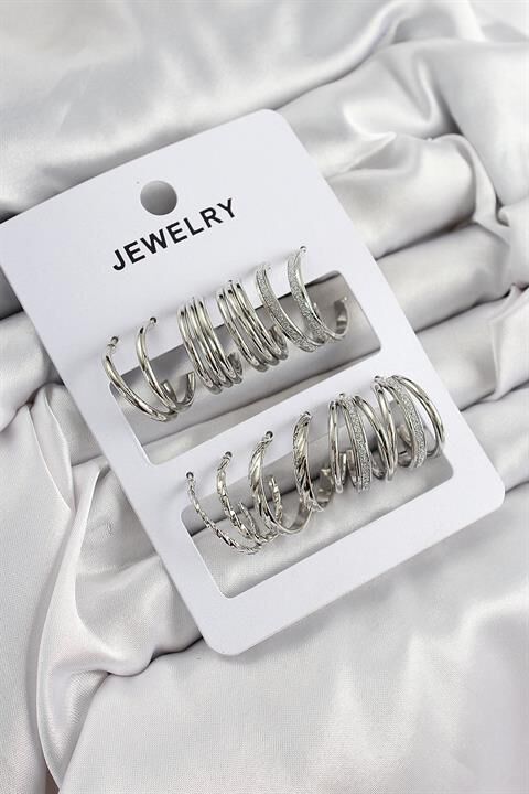 Pirinç Karışık Halka Model Gümüş Renk 6 Çift Kadın Küpe Set