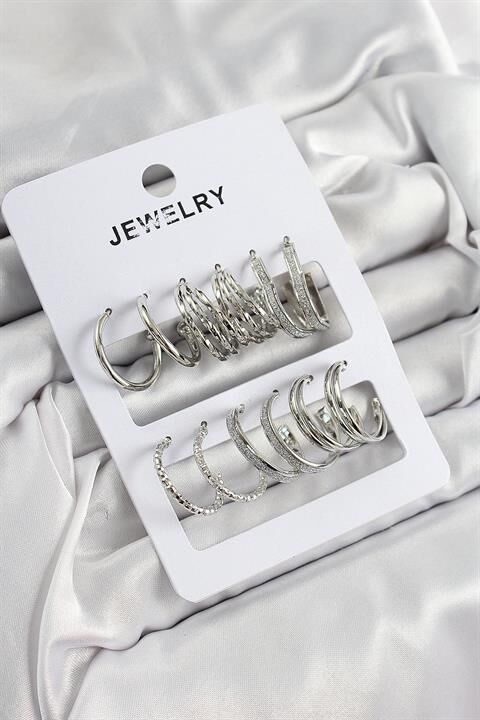 Pirinç Karışık Halka Model Gümüş Renk 6 Çift Kadın Küpe Set