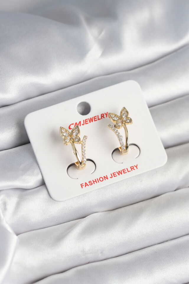 Pirinç Gold Renk Zirkon Taşlı Kelebek Model Kadın Küpe
