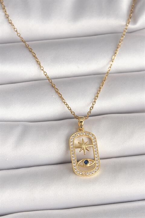 316L Çelik Gold Renk Zincir Zirkon Taşlı Göz Yıldız Model Kadın Kolye