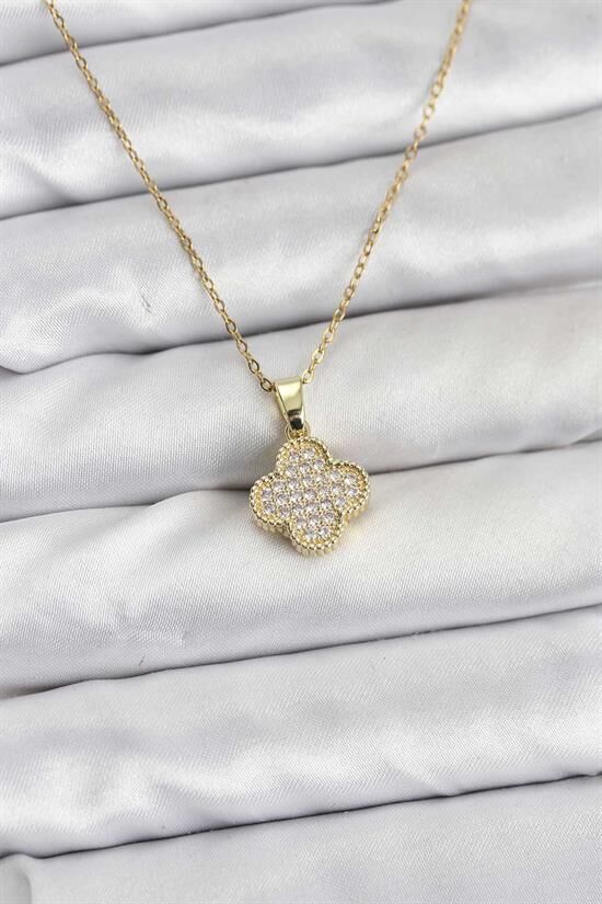 316L Çelik Zincir Gold Renk Zirkon Taşlı Yonca Model Kadın Kolye