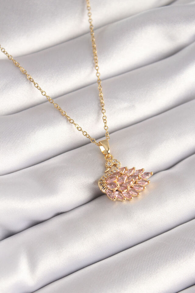 316L Çelik Gold Renk Zincir Pembe Zirkon Taşlı Kuğu Model Kadın Kolye