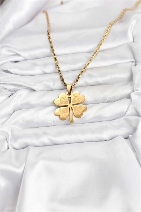 316L Çelik Zincir Gold Renk Yonca Model 60 cm Kadın Kolye