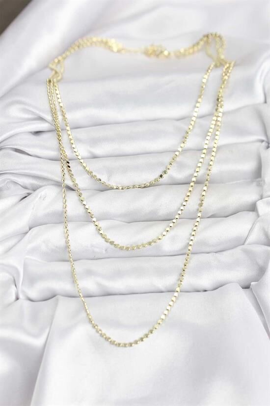316L Çelik Zincir Gold Renk Ezme Zincir Model 3'lü Kadın Kolye