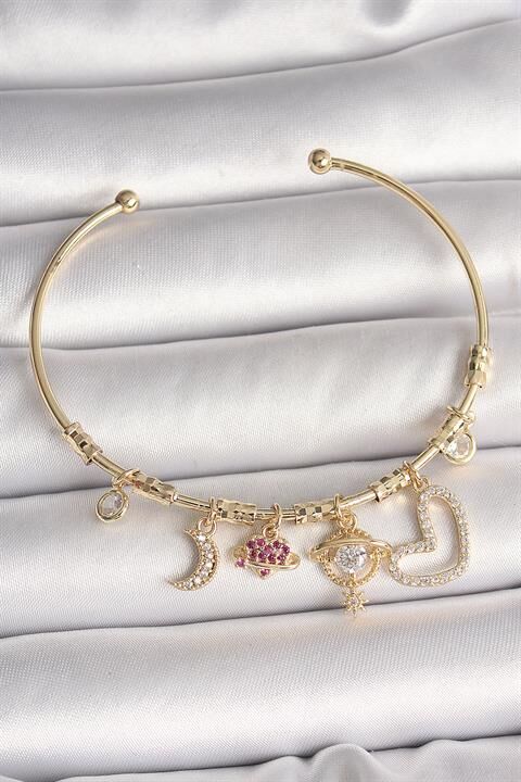 Pirinç Gold Renk Zirkon Taşlı Sallantı Gezegen Model Yıldız Detay Charm Kadın Bileklik