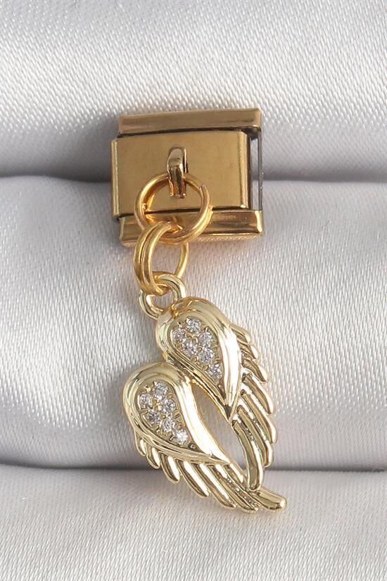316L Çelik Gold Renk Sallantı Zirkon Taşlı Kanat Model Nomination Charm
