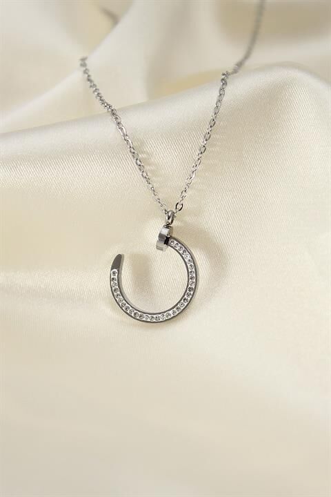 Çelik Silver Renk Zirkon Taşlı Çivi Model Kadın Kolye