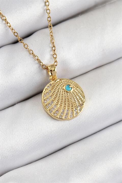 316L Çelik Zirkon Taşlı Madalyon Model Gold Renk Kadın Kolye