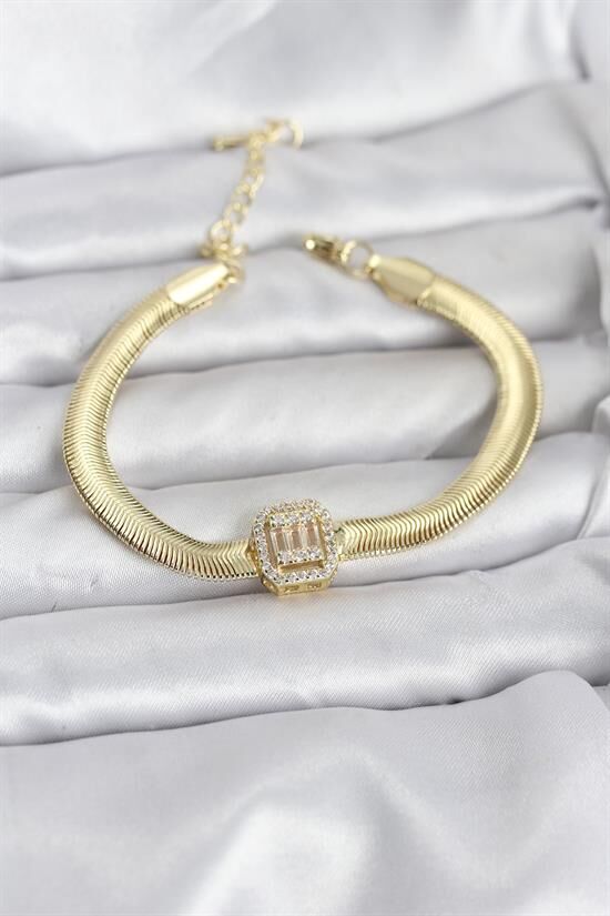 316L Çelik Gold Renk Baget Zirkon Taşlı Yılan Zincirli Kadın Bileklik
