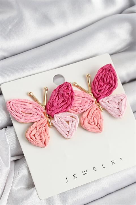 Pirinç Pembe Kelebek Model Gold Renk Kadın Hasır Küpe