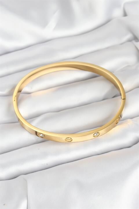 316L Çelik Gold Renk Zirkon Taşlı 65 mm Kadın Kelepçe Bileklik