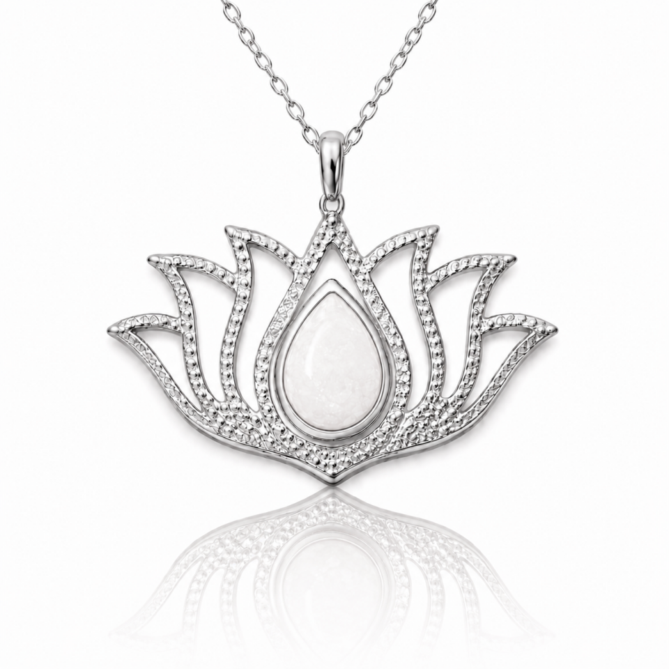 Gümüş Beyaz Opal Taşlı Lotus Kadın Kolye