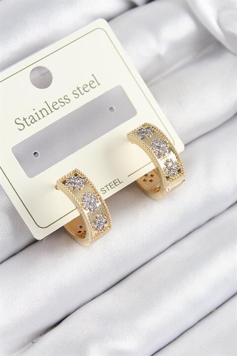 316L Çelik Zirkon Taşlı Halka Model Gold ve Gümüş Renk Kadın Küpe