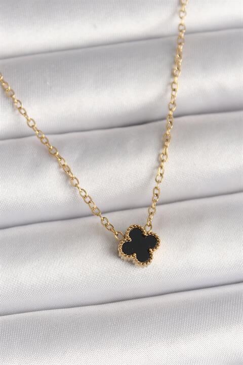 316L Çelik Gold Renk Siyah Yonca Model Kadın Kolye