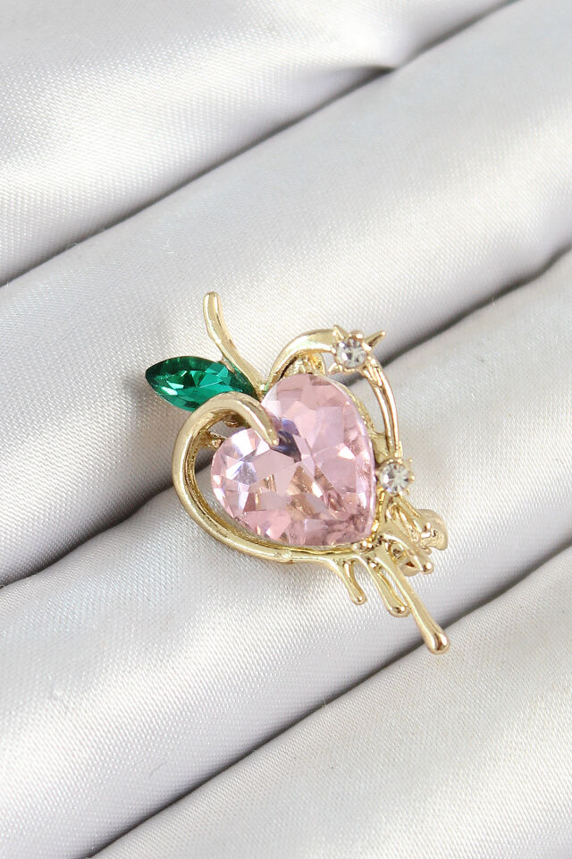 Pembe Ve Yeşil Zirkon Taşlı 3D Eriyen Kalp Figürlü Gold Renk Kadın Broş