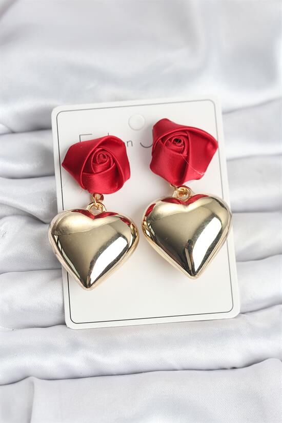 Pirinç Gold Kalpli Kırmızı Gül Model Kadın Küpe