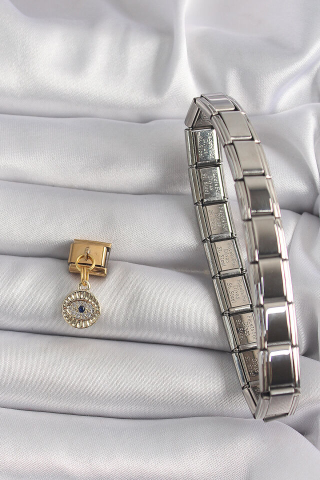 316L Çelik Gold Renk Sallantı Zirkon Taşlı Göz Model Nomination Charm