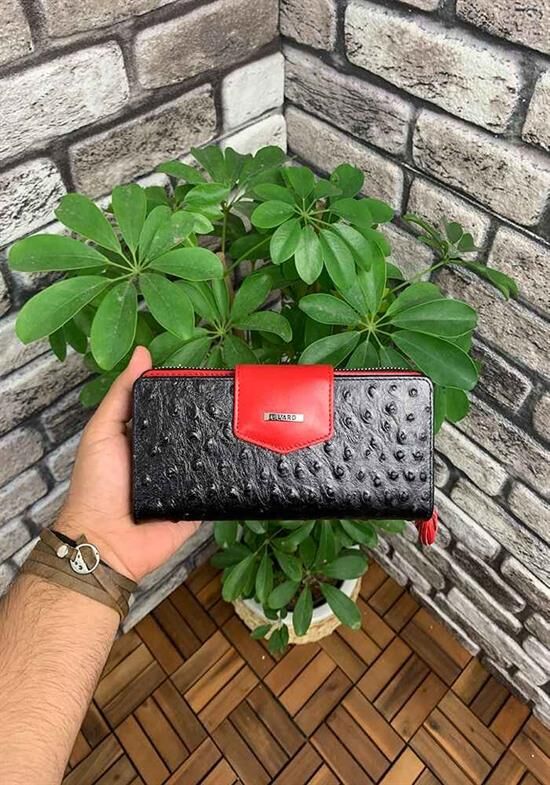 Guard Siyah Kırmızı Deve Kuşu Baskı Fermuarlı ve Deri Patlı El Portföyü