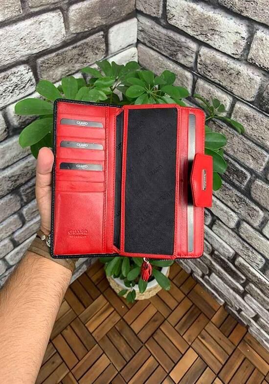 Guard Siyah Kırmızı Deve Kuşu Baskı Fermuarlı ve Deri Patlı El Portföyü