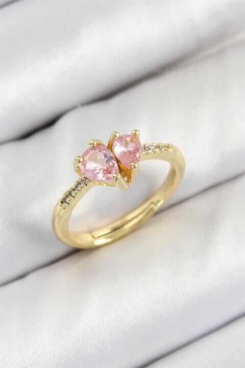 Pirinç Zirkon Taşlı Pembe Kalp Model Gold Renk Kadın Yüzük