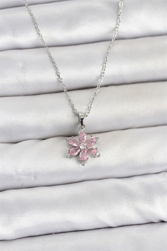 316L Çelik Zincir Gümüş Renk Pembe Zirkon Taşlı Lotus Model Kadın Kolye