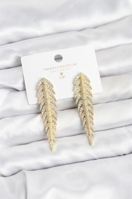Pirinç Gold Renk Balık Sırtı Model Zirkon Taşlı Kadın Küpe