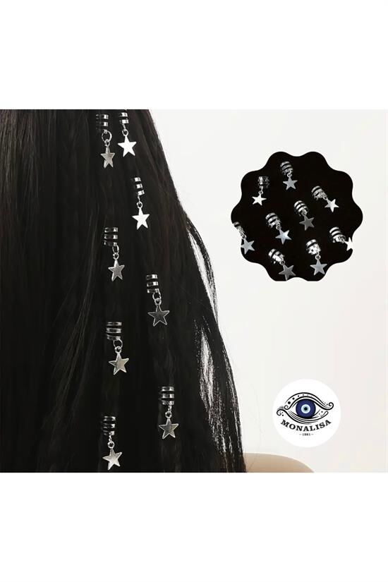 Kadın Gümüş Saç Halkası Saç Küpesi Yıldız Model 10 Lu Hair Charms