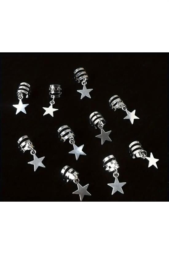 Kadın Gümüş Saç Halkası Saç Küpesi Yıldız Model 10 Lu Hair Charms