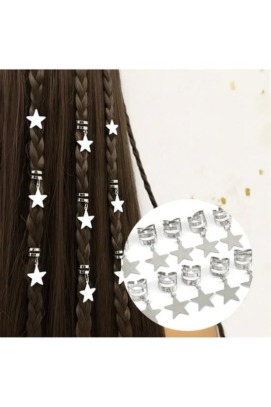 Kadın Gümüş Saç Halkası Saç Küpesi Yıldız Model 10 Lu Hair Charms