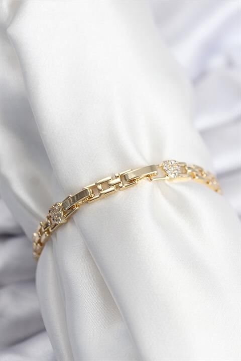 Pirinç VIP Seri Gold Renk Zincir Model Kalpli Zirkon Taşlı Kadın Bileklik