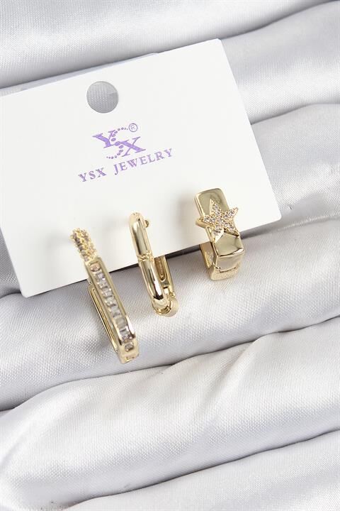 Pirinç Zİrkon Taşlı Yıldız Model Gold Renk 3'lü Kadın Küpe
