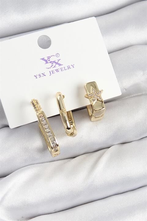 Pirinç Zİrkon Taşlı Yıldız Model Gold Renk 3'lü Kadın Küpe