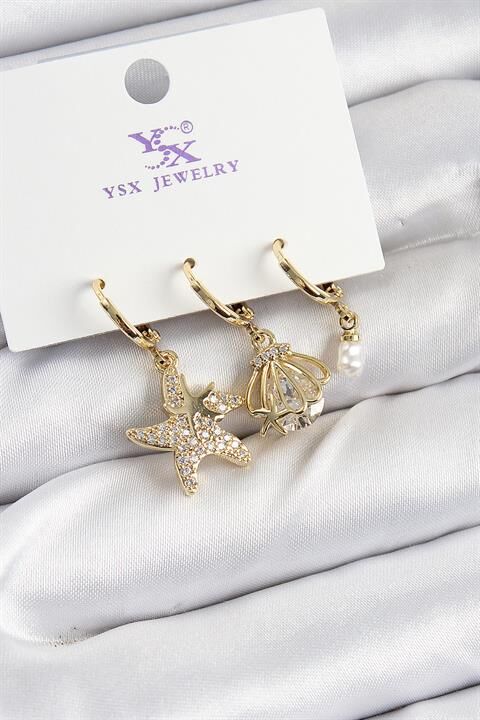 Pirinç Zİrkon Taşlı Deniz Yıldızı Ve İstiridye Model Gold Renk 3'lü Kadın Küpe