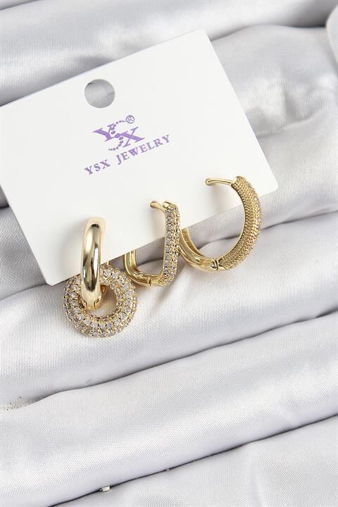 Pirinç Zİrkon Taşlı Halka Model Gold Renk 3'lü Kadın Küpe