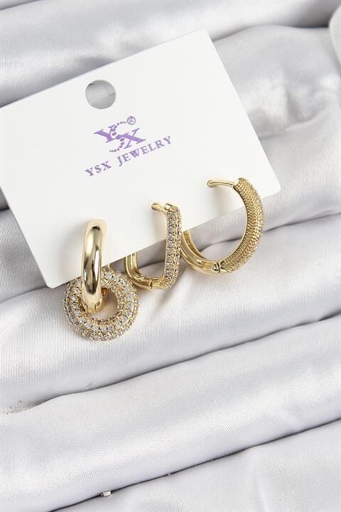 Pirinç Zİrkon Taşlı Halka Model Gold Renk 3'lü Kadın Küpe