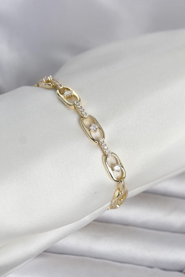 Pirinç Gold Renk Zirkon Taşlı Kadın Bileklik