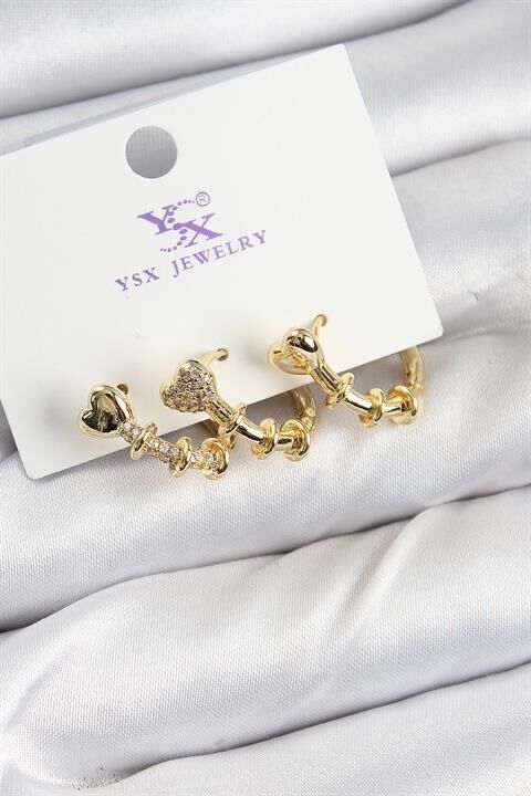 Pirinç Zİrkon Taşlı Kalp Model Gold Renk 3'lü Kadın Küpe