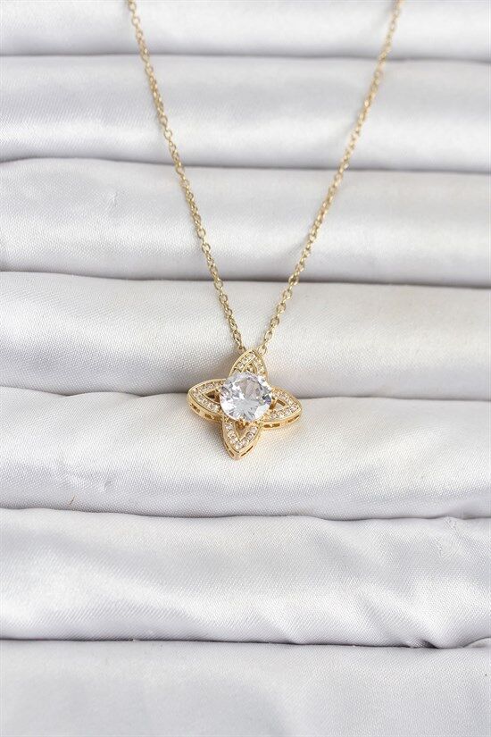316L Çelik Zincir Gold Renk Yonca Model Kadın Kolye