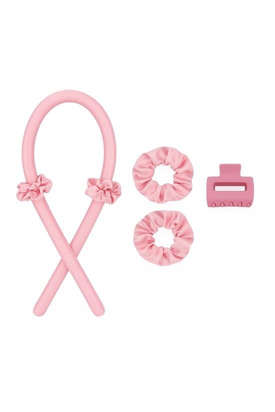 Isısız Saç Şekillendirme Seti PudraPembe Saten Saç Sosisi %100 Saf İpek Saten