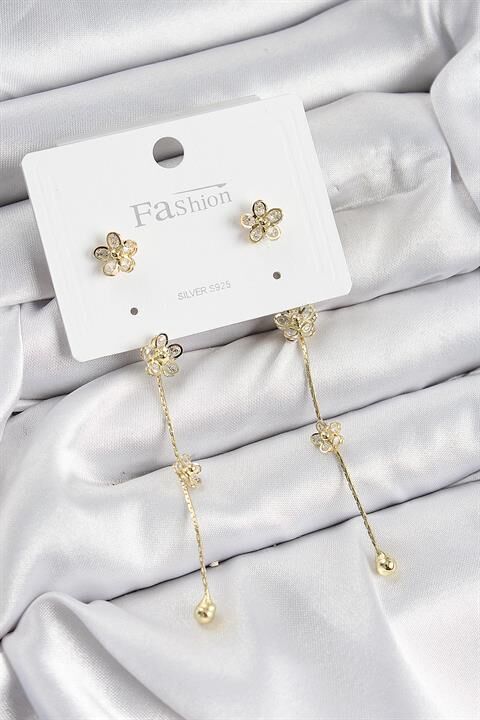 Pirinç Zirkon Taşlı Sallantılı Çiçek Model Gold Renk 925 Ayar Gümüş Çivi Kadın Küpe
